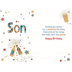 Nigel Quiney Contemporary Male Relation 'Happy Birthday' Greeting Card - Son Cheers - From The Party Time Range - With A Gold Foil Finish